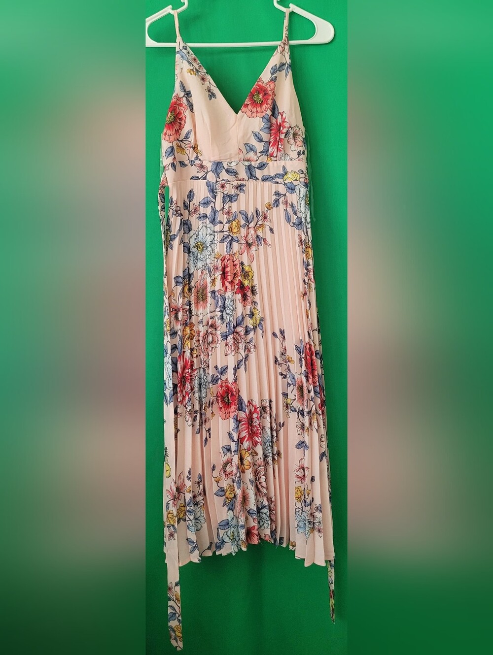 Thirty Thirty Blush Floral V-Neck Pleated Maxi Dress Spaghetti Straps Sz M